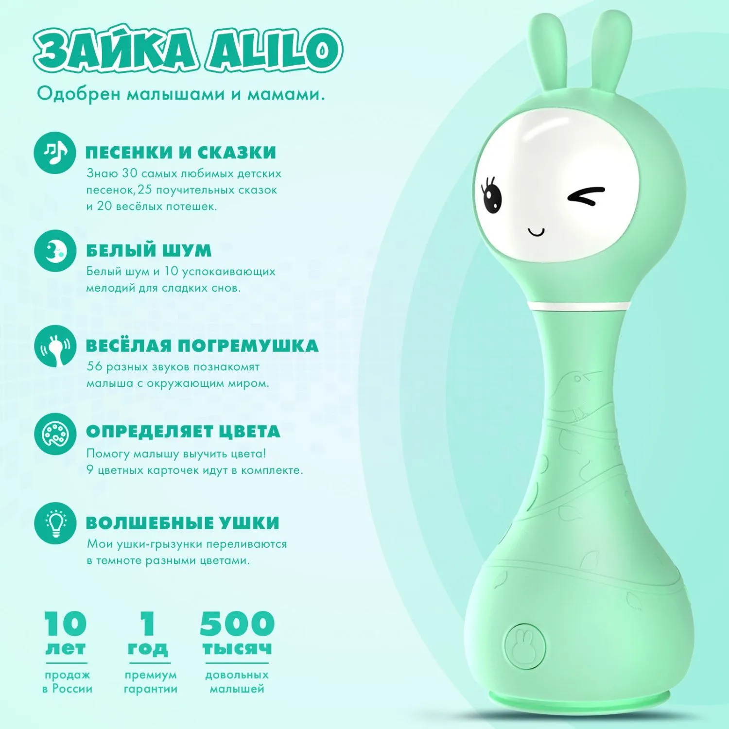 Интерактивная обучающая музыкальная игрушка Умный зайка alilo R1 c распознаванием цветов мятный 60348