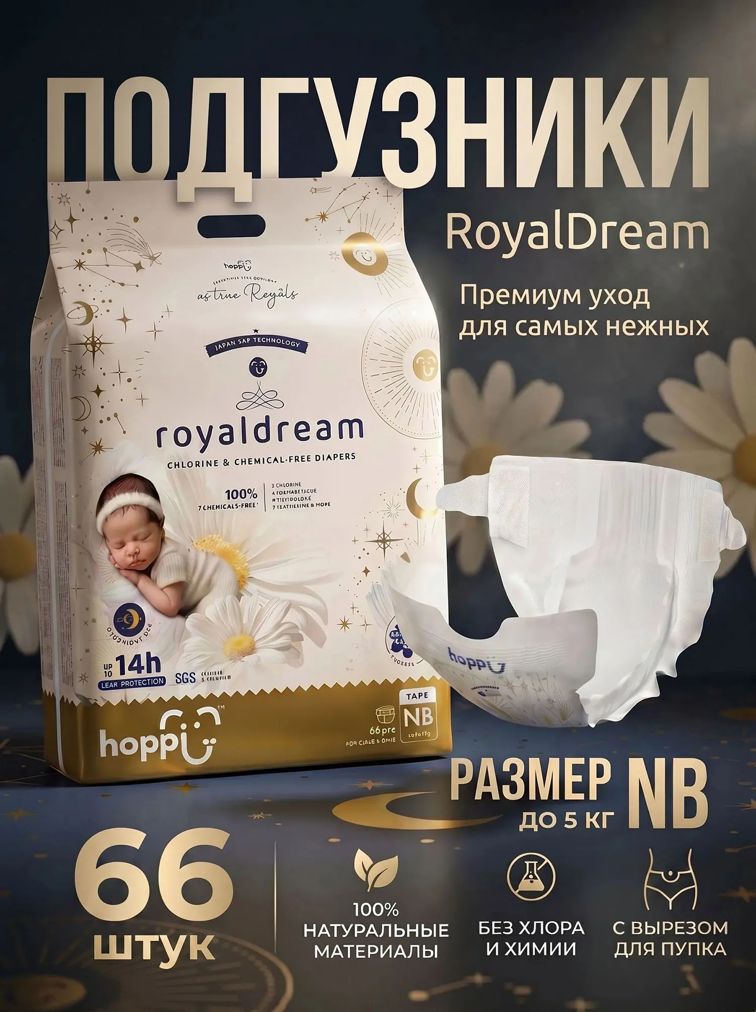 Подгузники Hoppi для новорожденных RoyalDream NB до 5 кг 66 шт