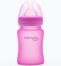 Бутылочка стеклянная Everyday Baby (Эвридей беби) с индик. темп. и защит. силик. покрытием, 150 мл, розовый 10202
