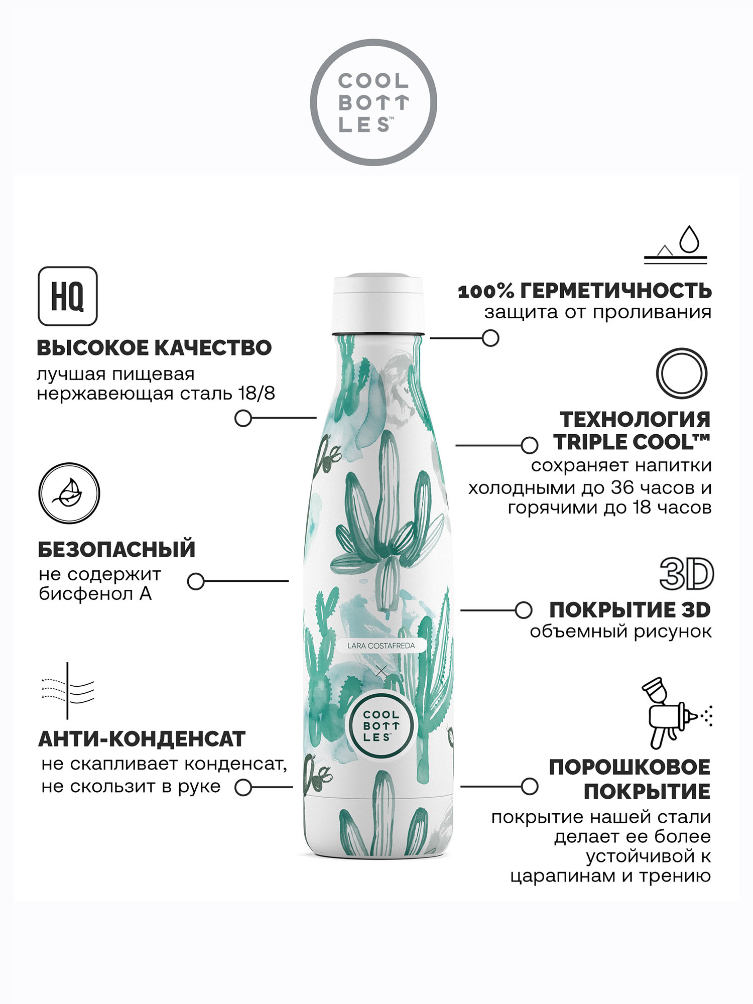 Термос-термобутылка Cool Bottles Lara Costrafreda Watercolor Cactus 500 мл