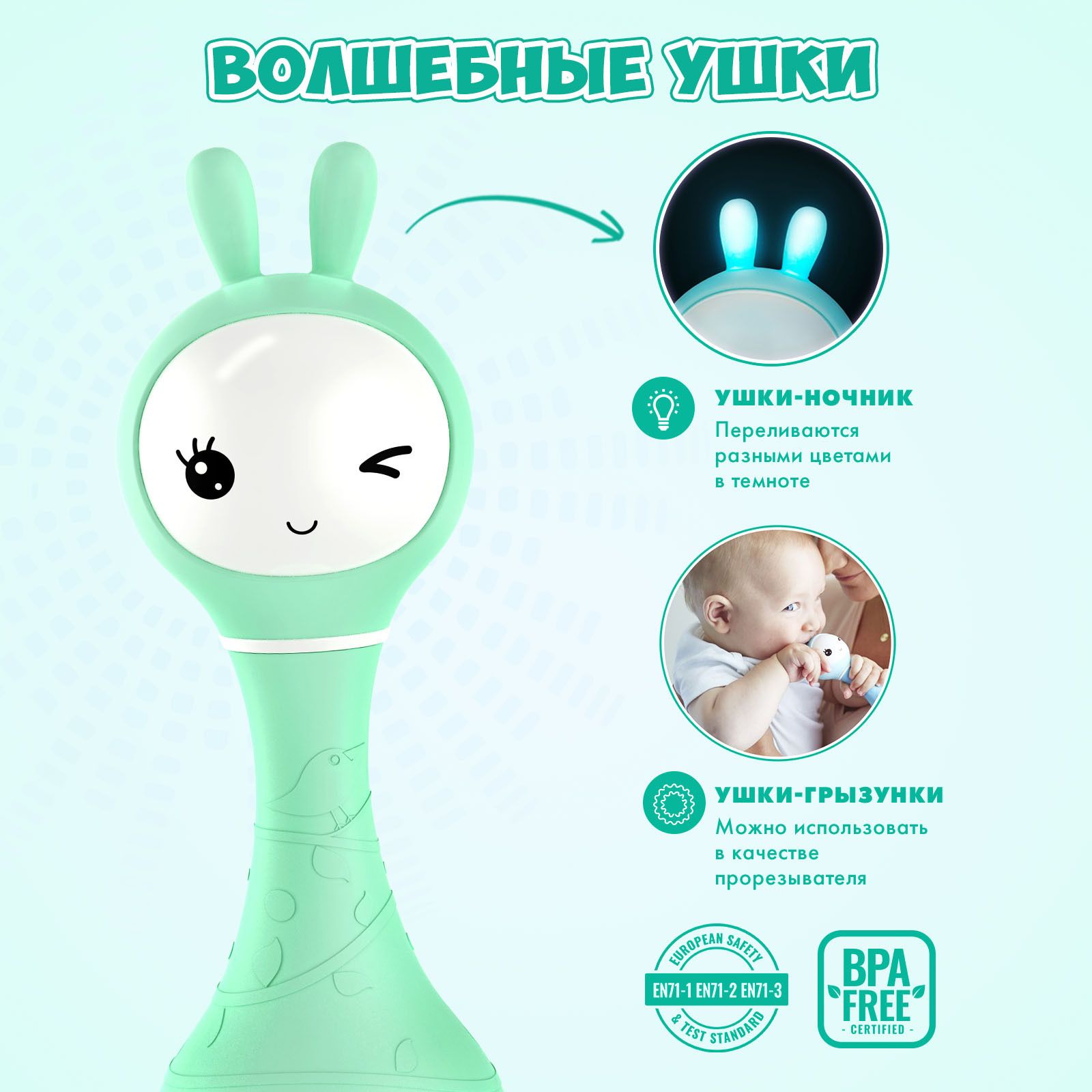 Интерактивная обучающая музыкальная игрушка Умный зайка alilo R1 c распознаванием цветов мятный 60348