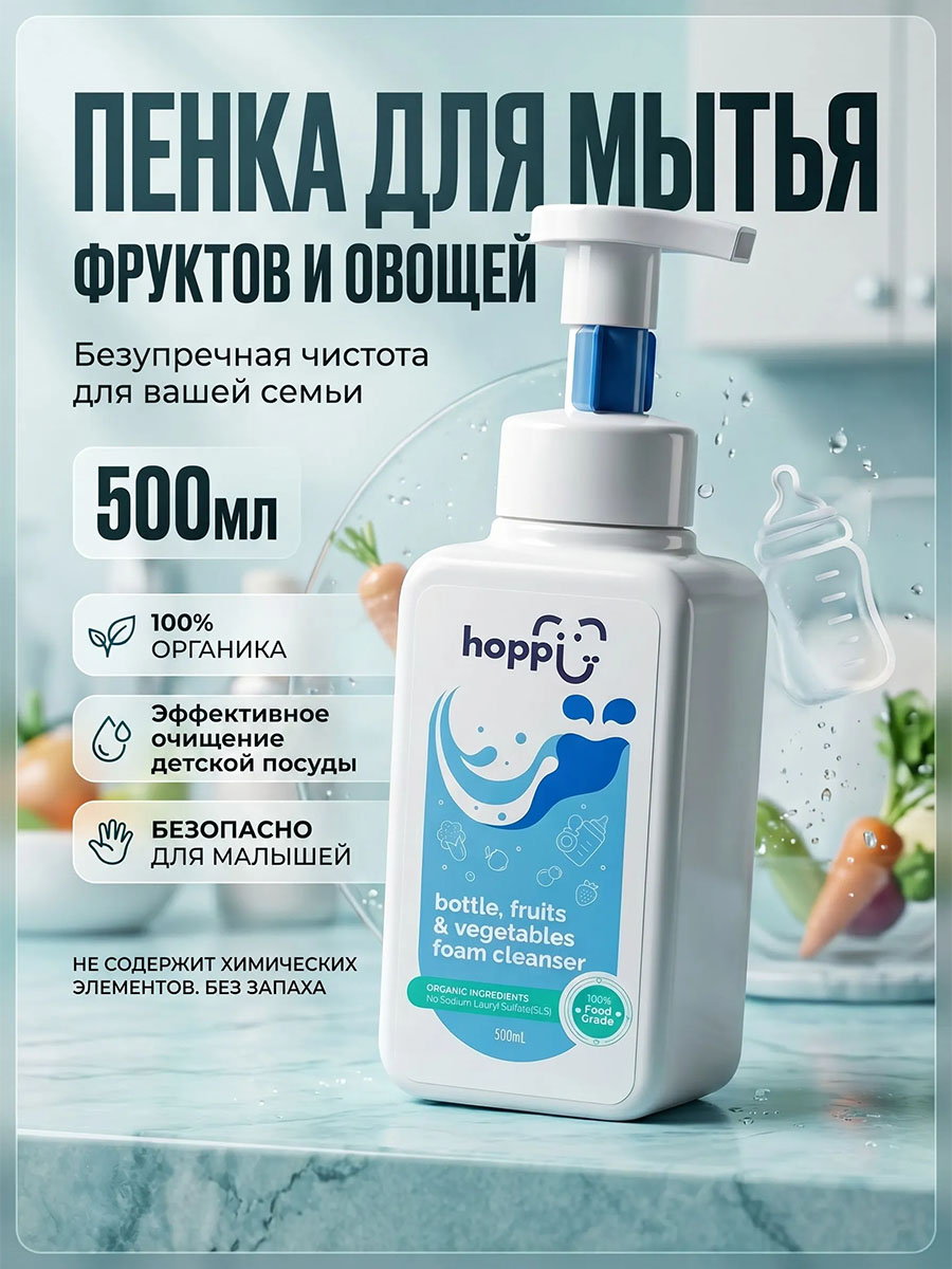 Пенка Hoppi для очистки фруктов, овощей и бутылочек 500 мл.