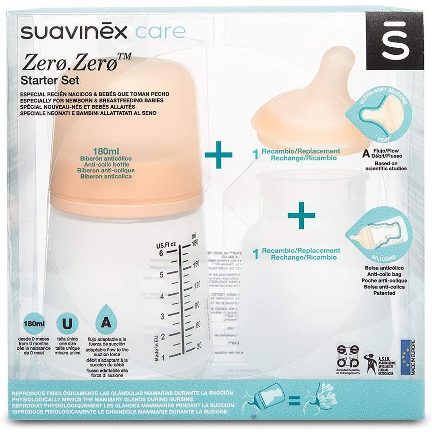 Набор для кормления Suavinex ZERO: бутылочка антиколиковая 180 мл, соска силиконовая 2 шт, пакет антиколиковый 1 шт 306422