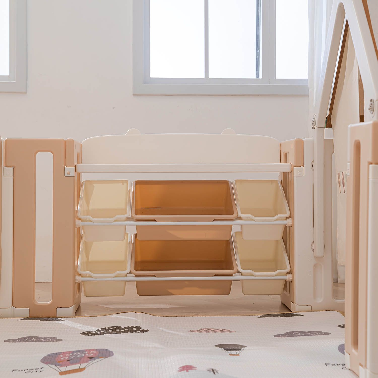 Манеж UNIX Kids DeLuxe House&Storage Camel 180x200см с игровым домиком, баскетбольной стойкой, доской для рисования, качелями + место для хранения игрушек PPLXSWHS200WC