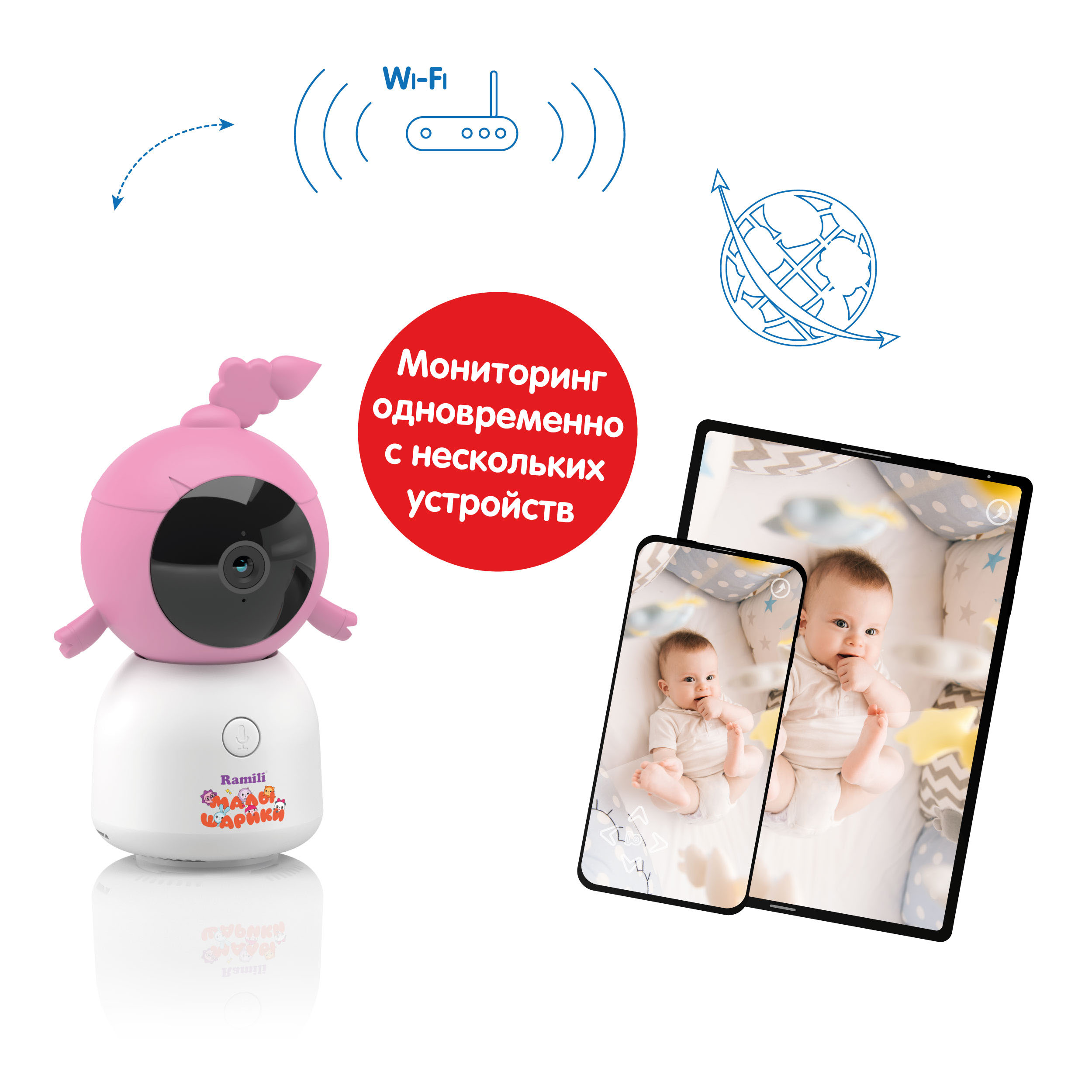 Видеоняня Ramili Baby Wi-Fi 2K Нюша, Малышарики, с креплениями RV100CNUSHA