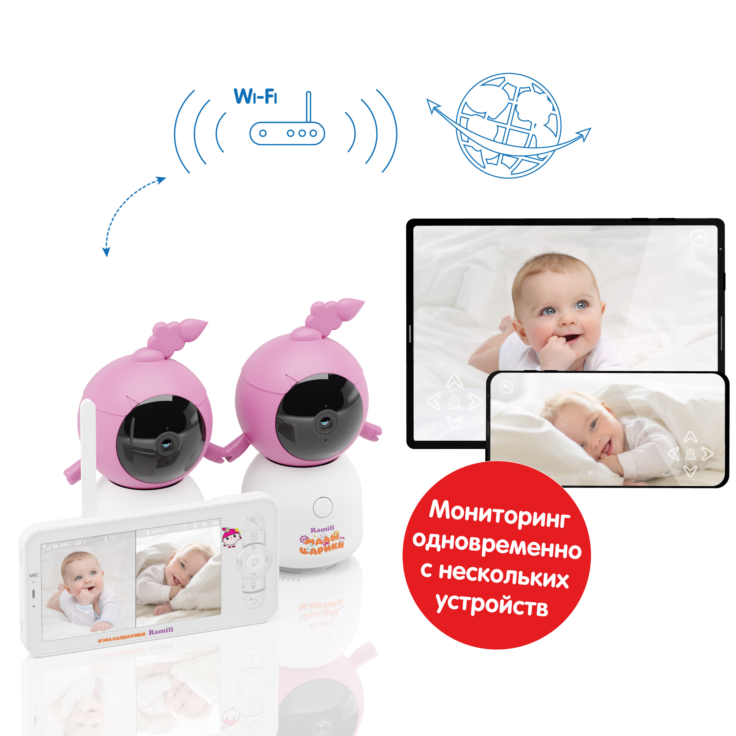Видеоняня Ramili Baby Нюша, Малышарики, с креплениями (2 камеры в комплекте) RV100X2NUSHA