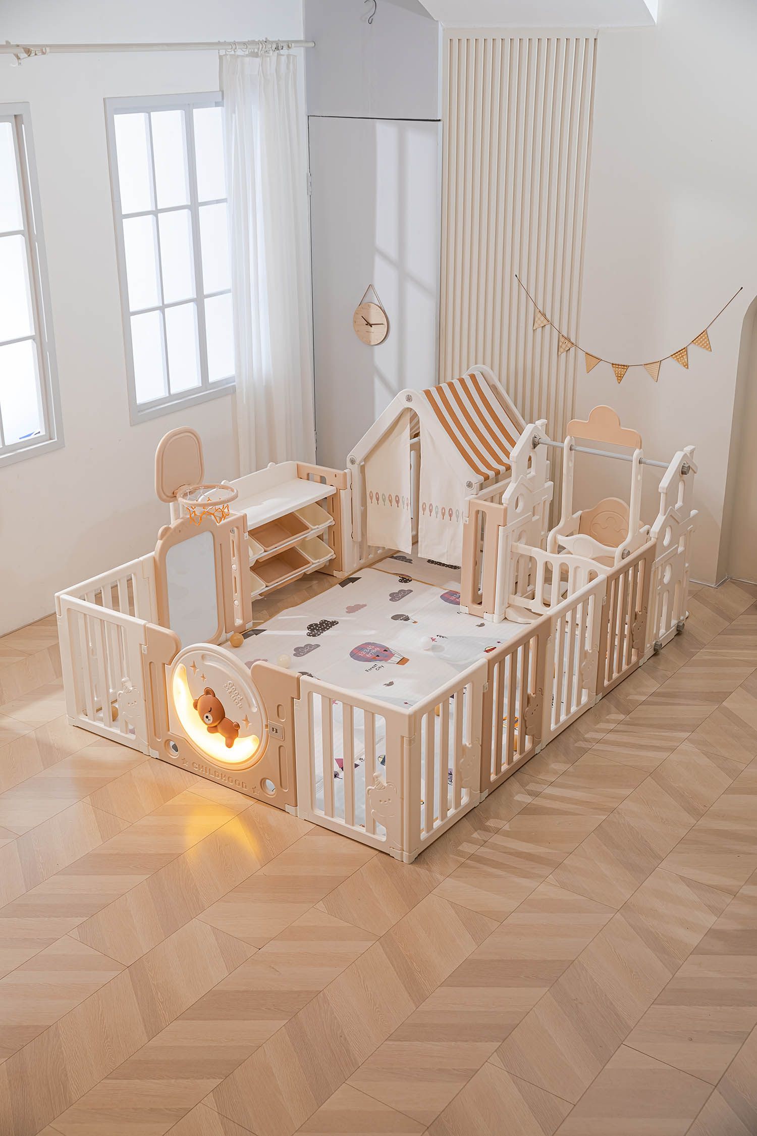 Манеж UNIX Kids DeLuxe House&Storage Camel 180x200см с игровым домиком, баскетбольной стойкой, доской для рисования, качелями + место для хранения игрушек PPLXSWHS200WC