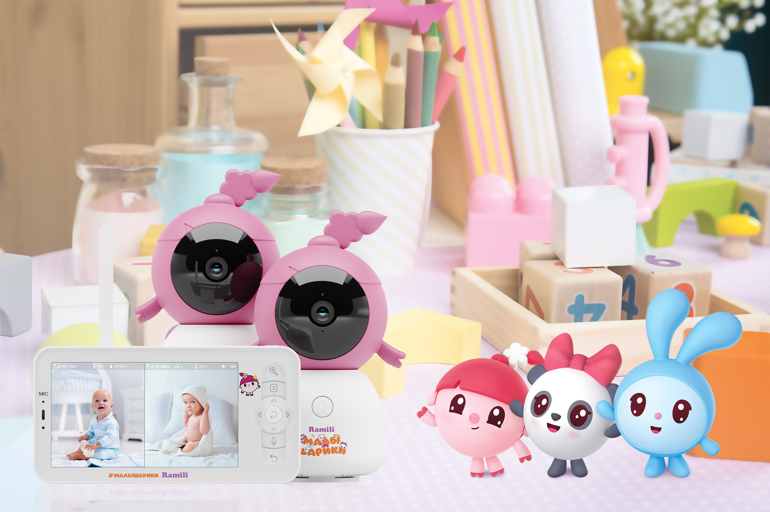 Видеоняня Ramili Baby Нюша, Малышарики, с креплениями (2 камеры в комплекте) RV100X2NUSHA