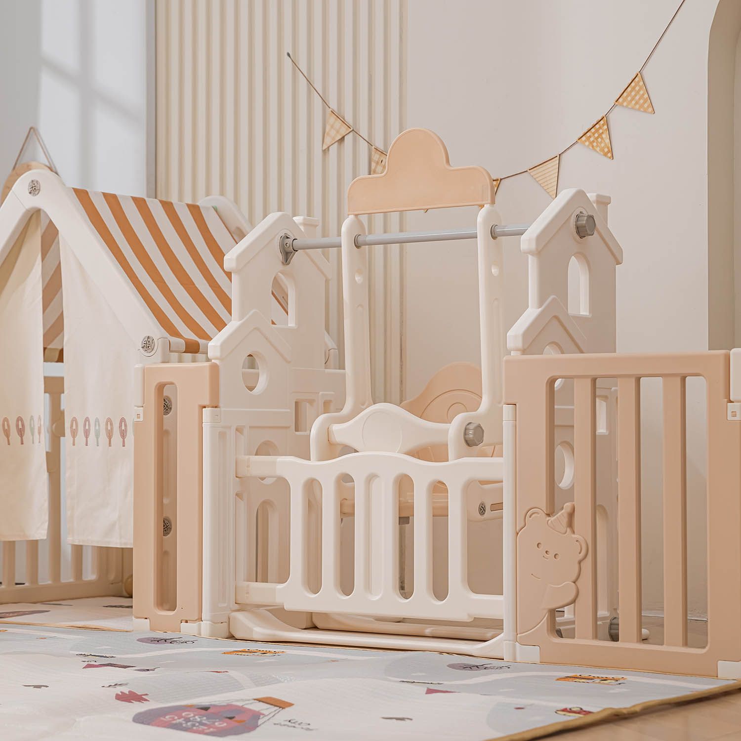 Манеж UNIX Kids DeLuxe House&Storage Camel 180x200см с игровым домиком, баскетбольной стойкой, доской для рисования, качелями + место для хранения игрушек PPLXSWHS200WC
