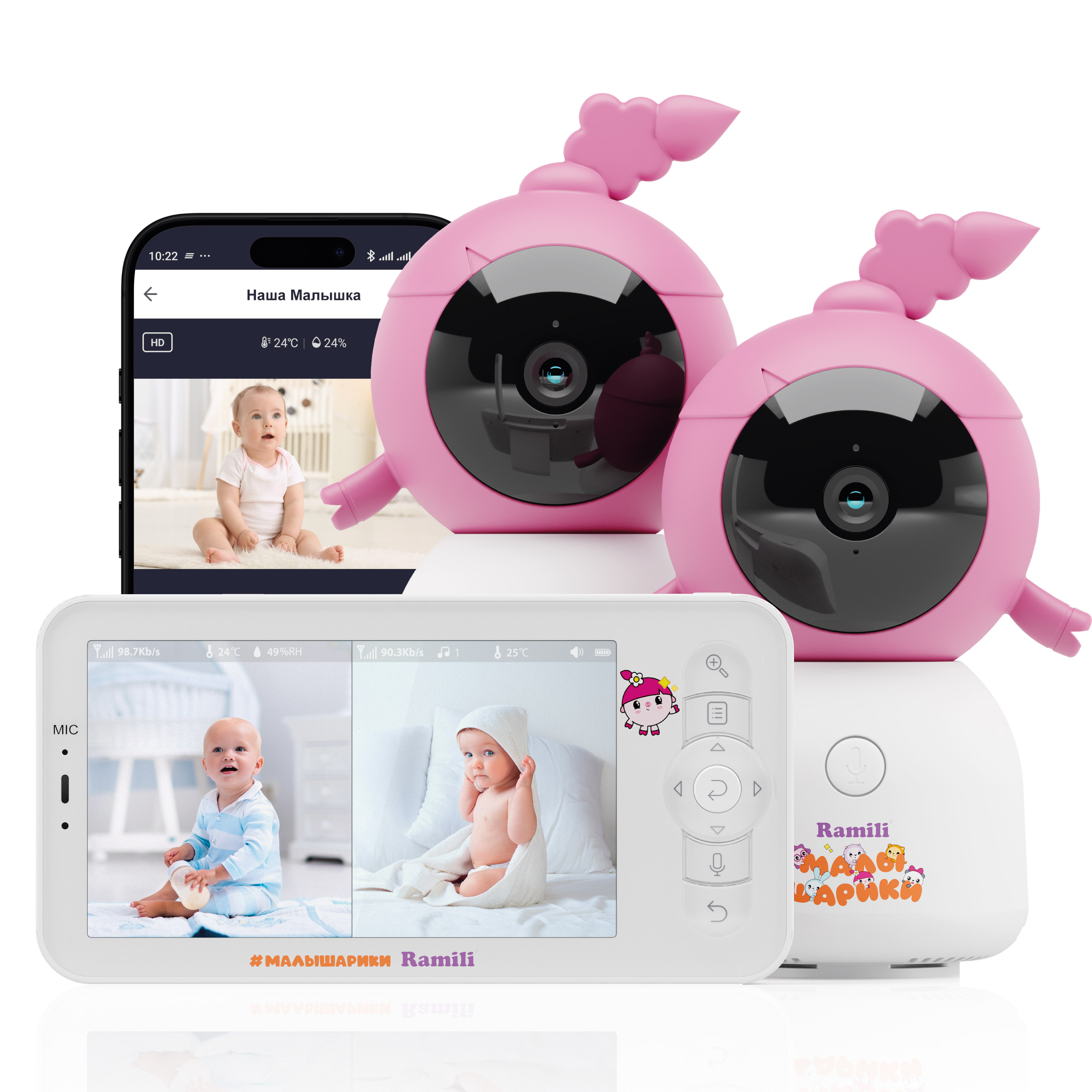 Видеоняня Ramili Baby Нюша, Малышарики, с креплениями (2 камеры в комплекте) RV100X2NUSHA