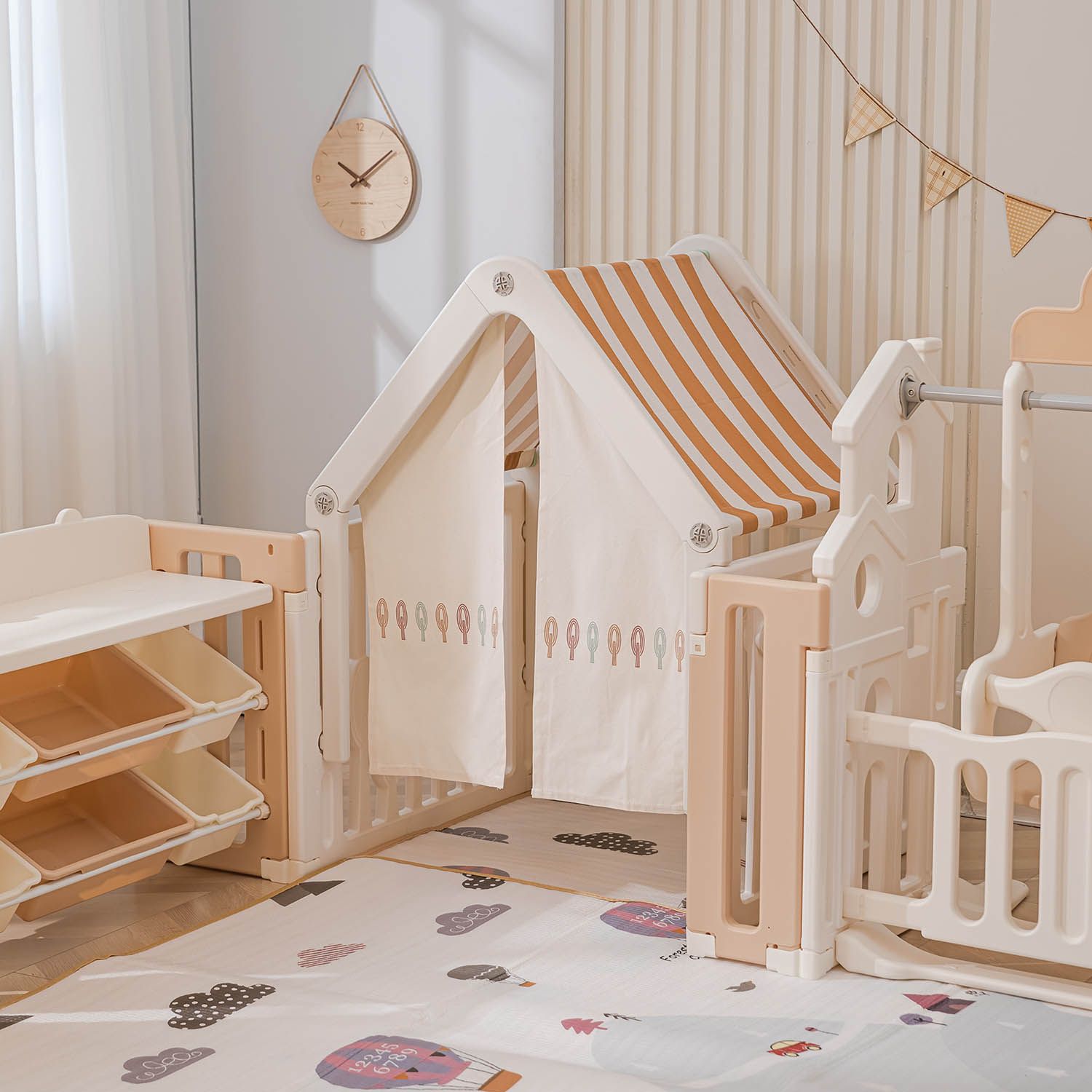 Манеж UNIX Kids DeLuxe House&Storage Camel 180x200см с игровым домиком, баскетбольной стойкой, доской для рисования, качелями + место для хранения игрушек PPLXSWHS200WC