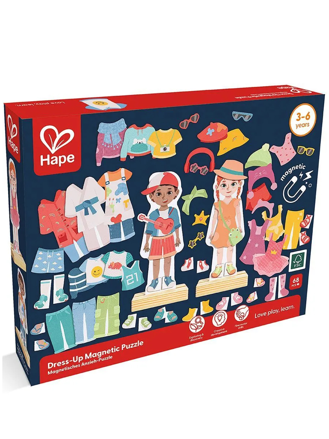 Конструктор магнитный Hape "Меняй наряд" 2 фигурки, 67 элементов одежды E1651_HP