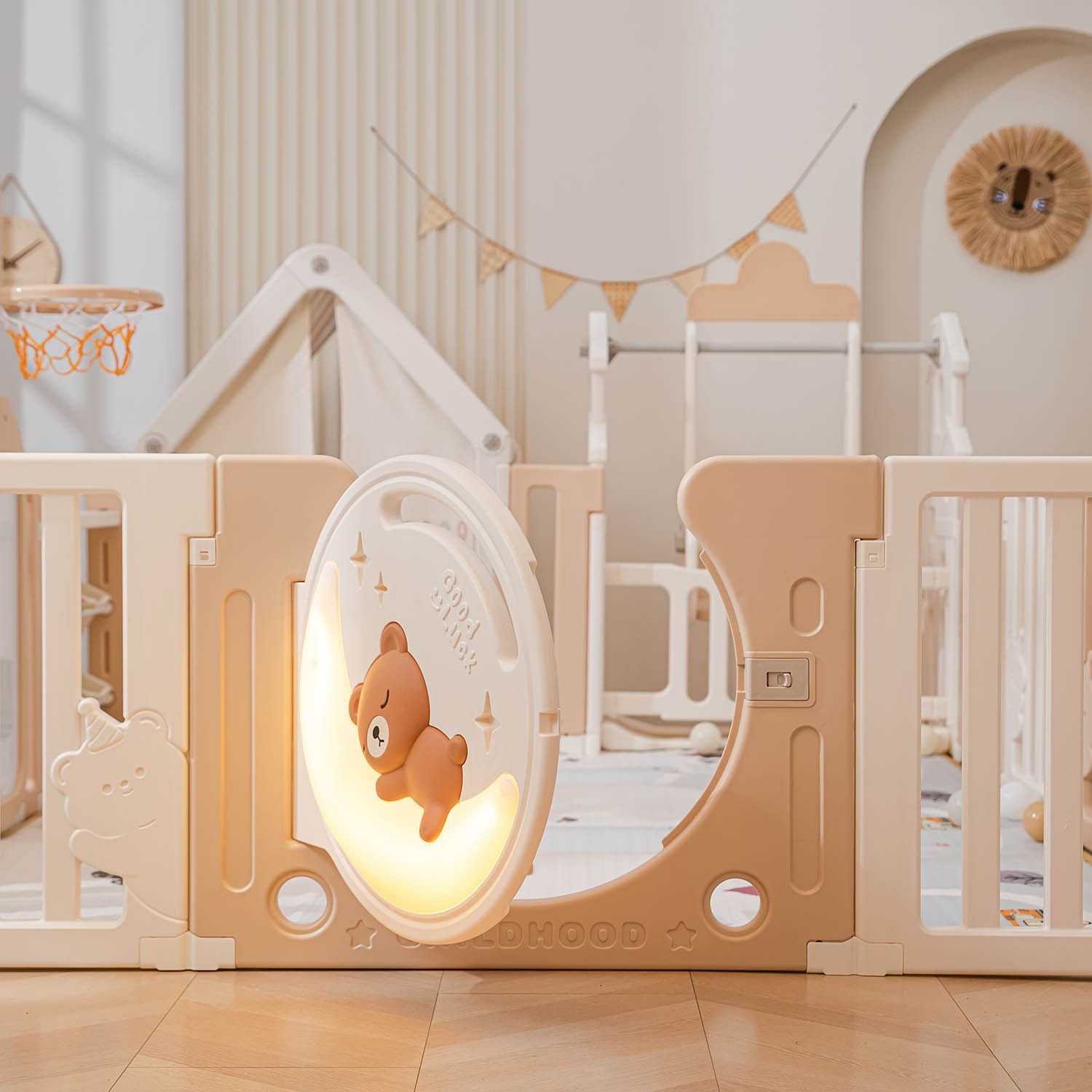 Манеж UNIX Kids DeLuxe House&Storage Camel 180x200см с игровым домиком, баскетбольной стойкой, доской для рисования, качелями + место для хранения игрушек PPLXSWHS200WC