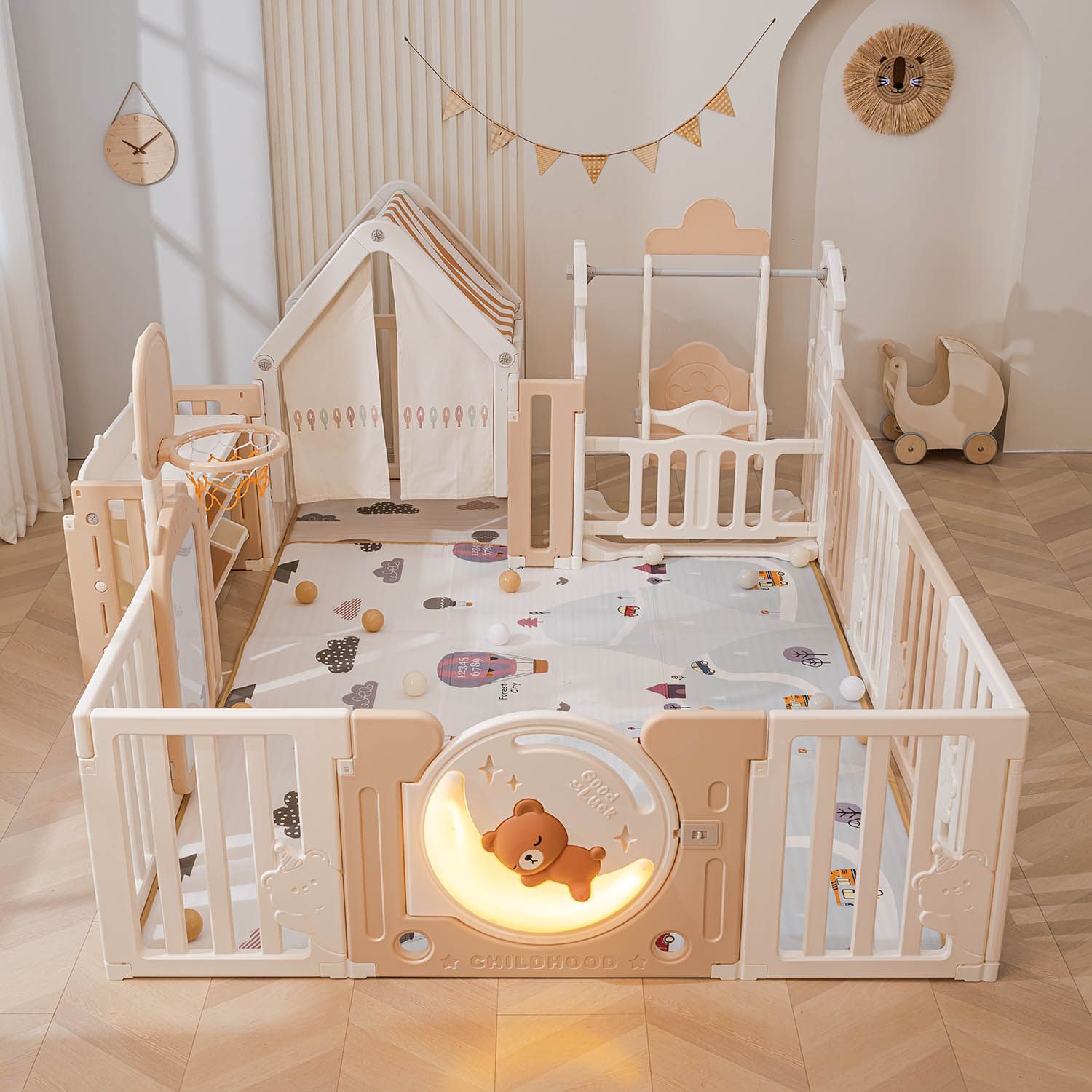 Манеж UNIX Kids DeLuxe House&Storage Camel 180x200см с игровым домиком, баскетбольной стойкой, доской для рисования, качелями + место для хранения игрушек PPLXSWHS200WC