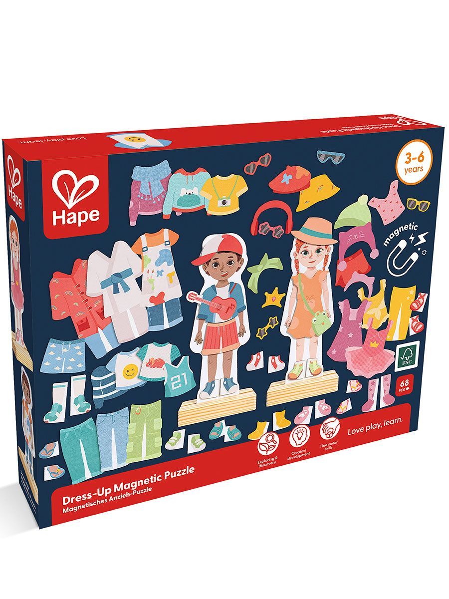 Конструктор магнитный Hape "Меняй наряд" 2 фигурки, 67 элементов одежды E1651_HP