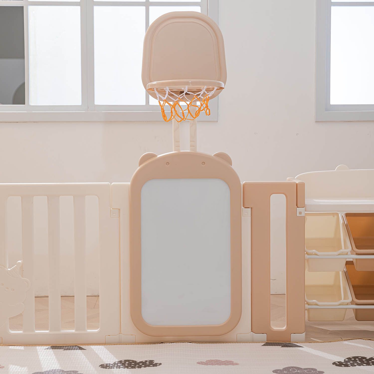 Манеж UNIX Kids DeLuxe House&Storage Camel 180x200см с игровым домиком, баскетбольной стойкой, доской для рисования, качелями + место для хранения игрушек PPLXSWHS200WC