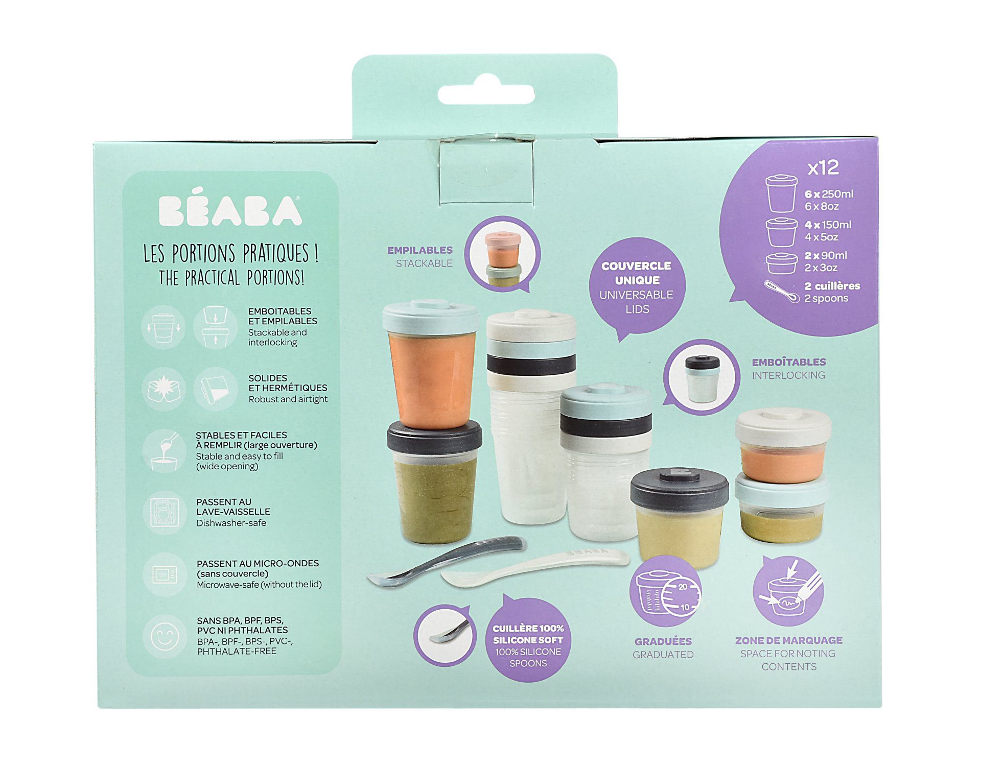 Набор контейнеров Beaba для детского питания 2x90мл/4x150мл/6x250мл + 2 ложки