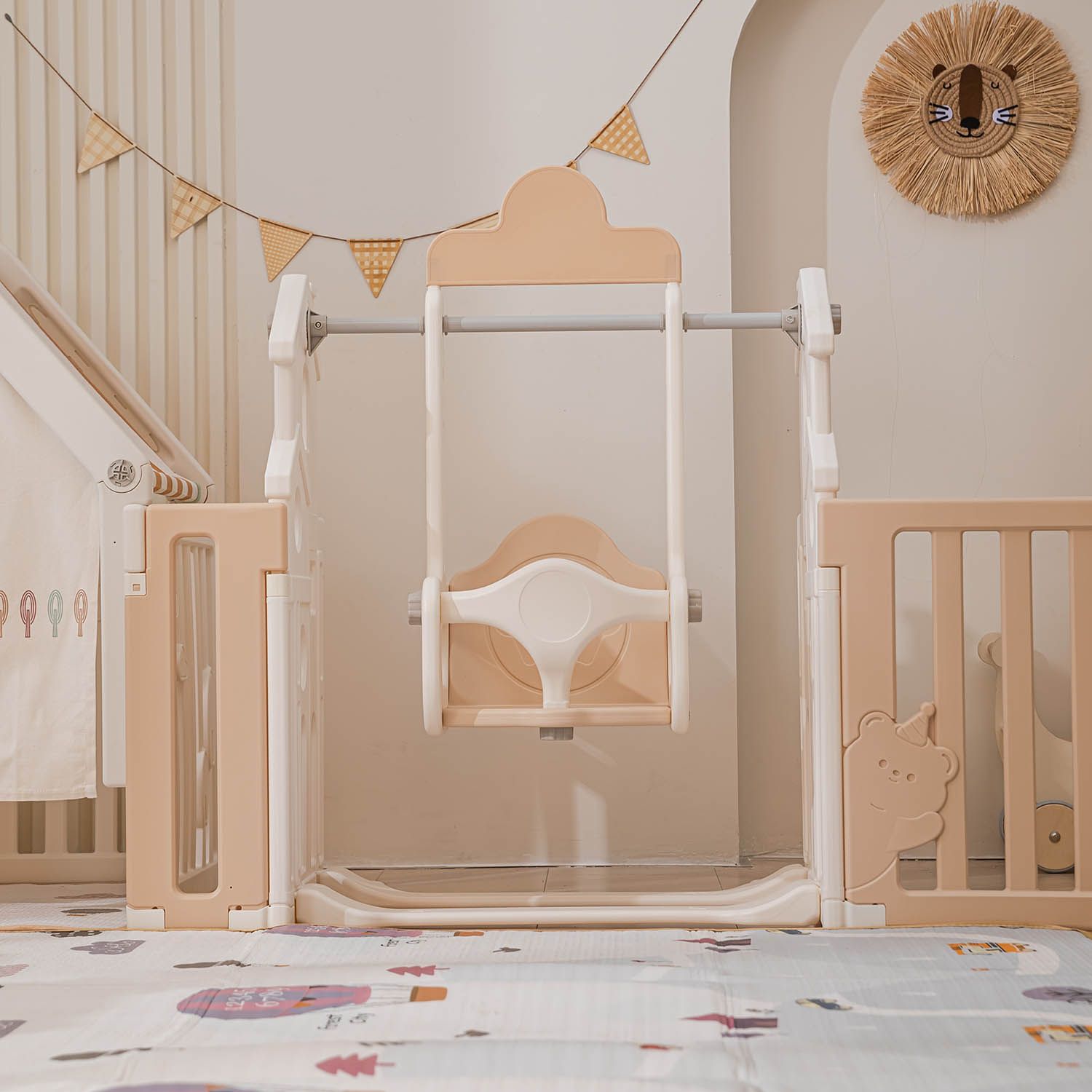 Манеж UNIX Kids DeLuxe House&Storage Camel 180x200см с игровым домиком, баскетбольной стойкой, доской для рисования, качелями + место для хранения игрушек PPLXSWHS200WC