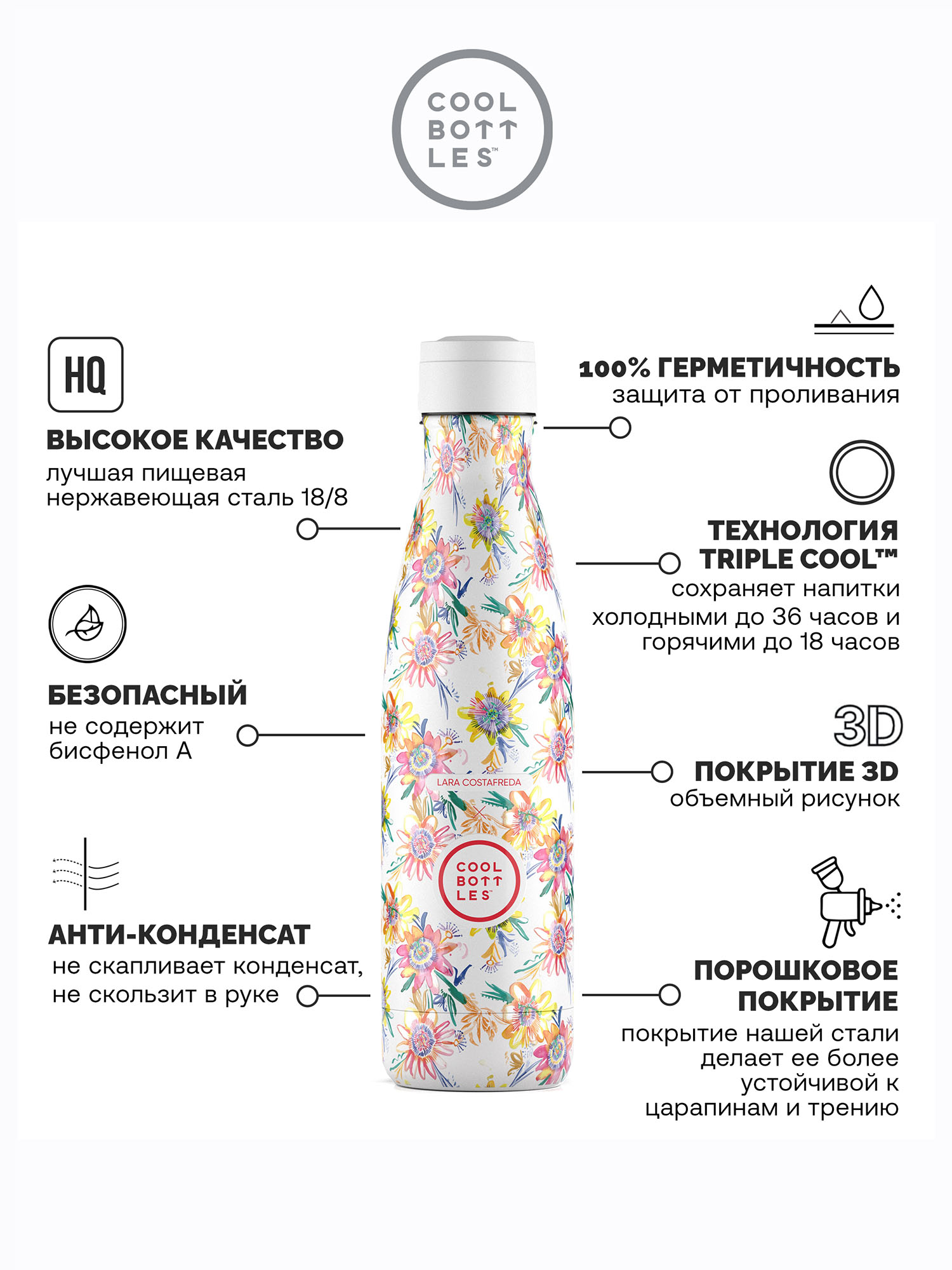 Термос-термобутылка Cool Bottles Lara Costrafreda Secret Blossoms 500 мл