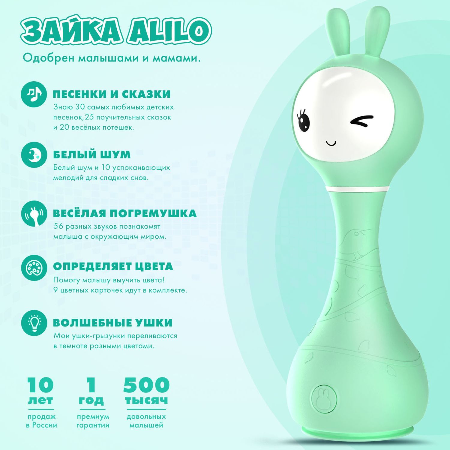 Интерактивная обучающая музыкальная игрушка Умный зайка alilo R1 c распознаванием цветов мятный 60348